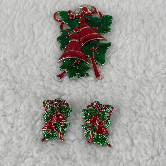 Vintage Marie Jennifer Christmas Bells 2" Brooch Pendant 1" Earrings Red Green - Picture 1 of 10